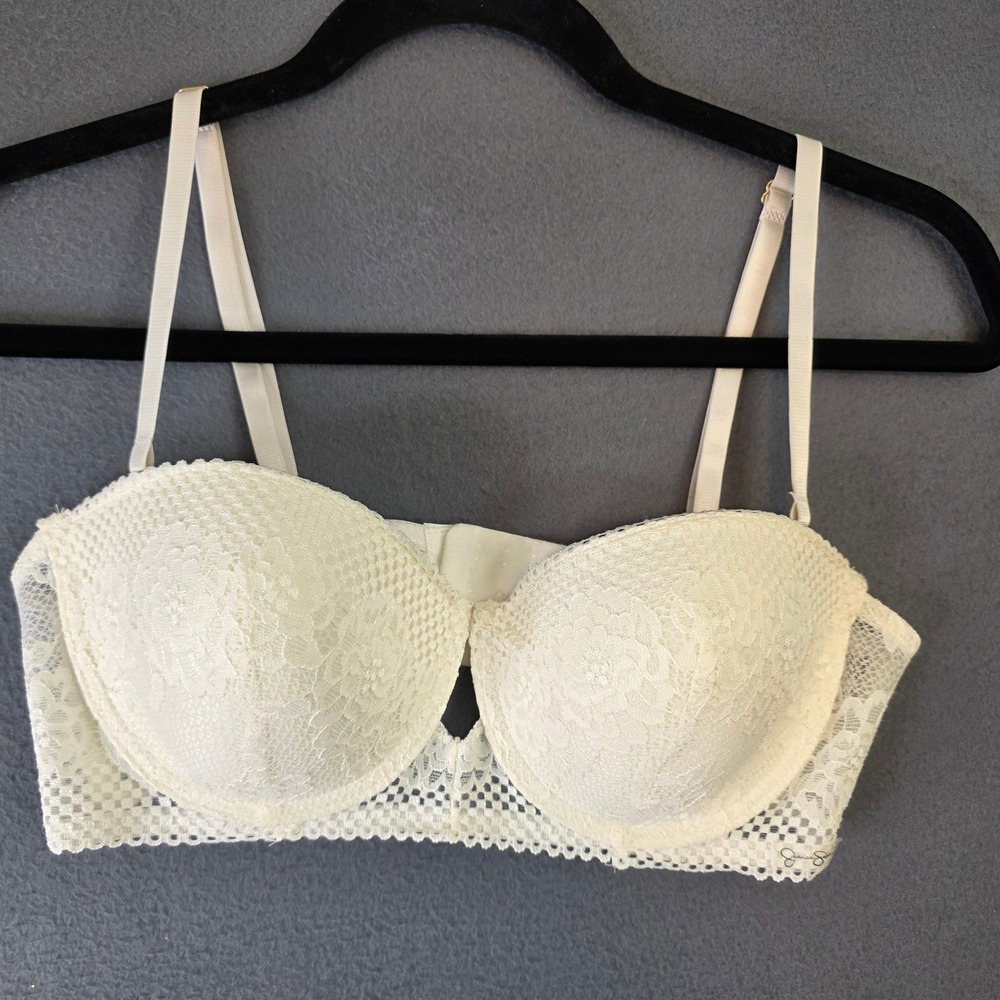 Jessica Simpson Cream Lace Longline Balconette Bra 36C Underwire Floral White